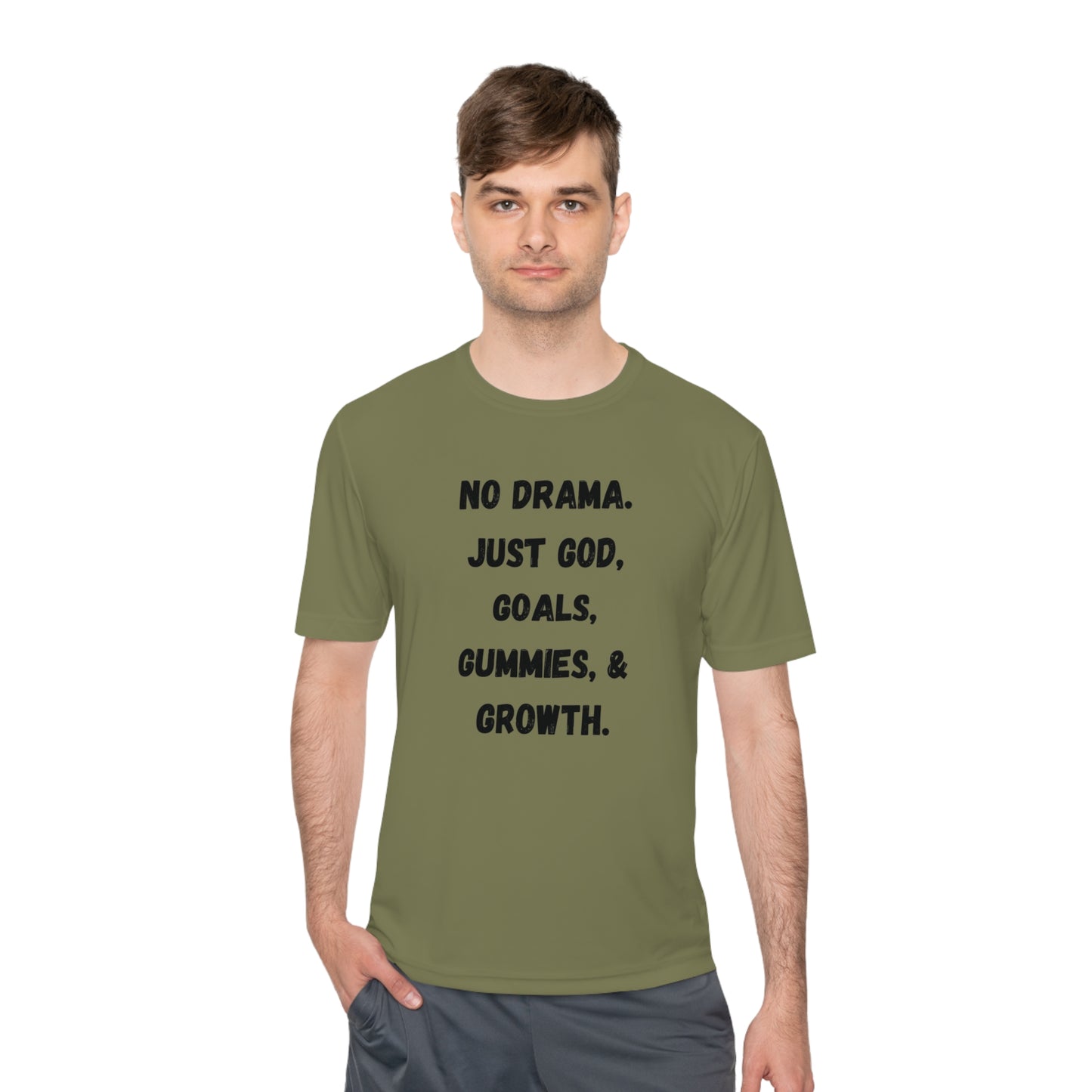 No drama. Just God, Goals, Gummies, & Growth Unisex Moisture Wicking Tee